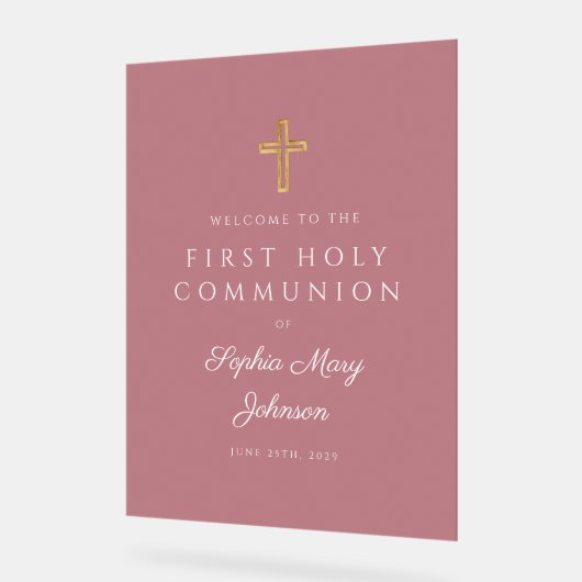 Religious Dusty Pink Girl First Communion Welcome アクリルサイン (傾斜)