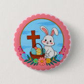 Religious Easter Bunny with Cross and Floral Egg 缶バッジ (正面)