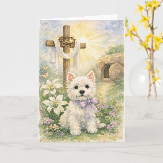 Religious Easter Westie Watercolor Card カード (黄色い花)
