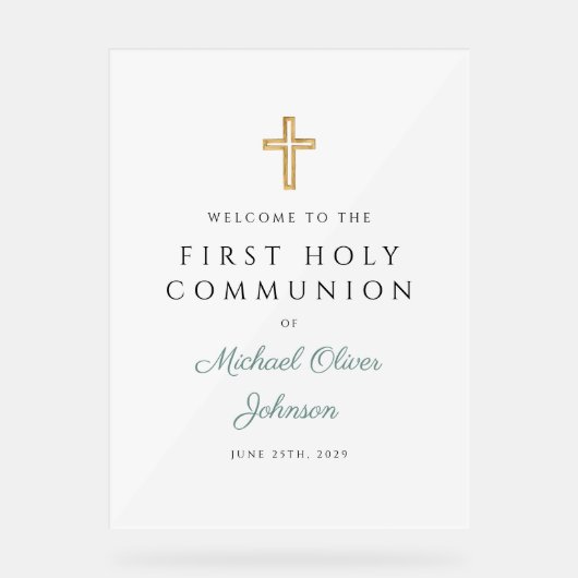 Religious Green Boy First Communion Welcome アクリルサイン (正面)