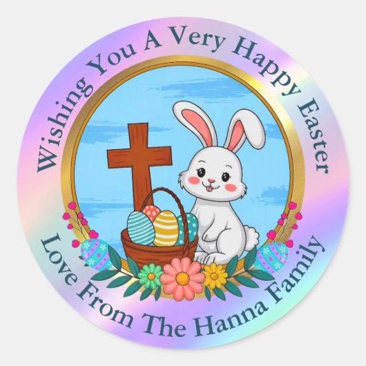 Religious Happy Easter, Bunny with Cross & Egg ラウンドシール (正面)