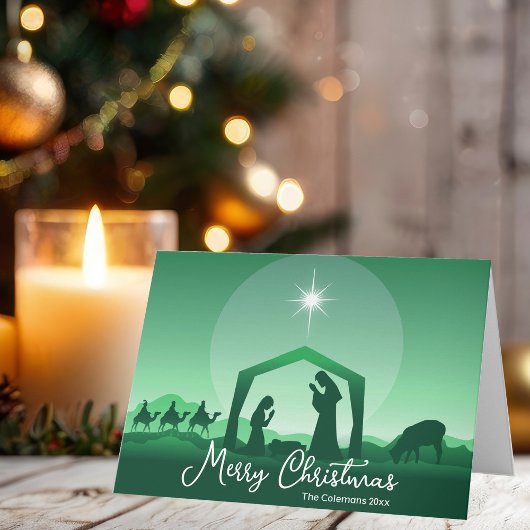 Religious Merry Christmas Green Nativity Scene シーズンカード