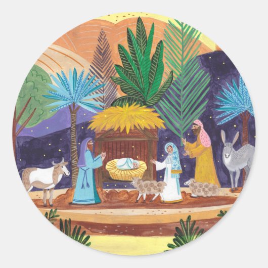 Religious Nativity Scene Glory to God Christmas ラウンドシール (正面)