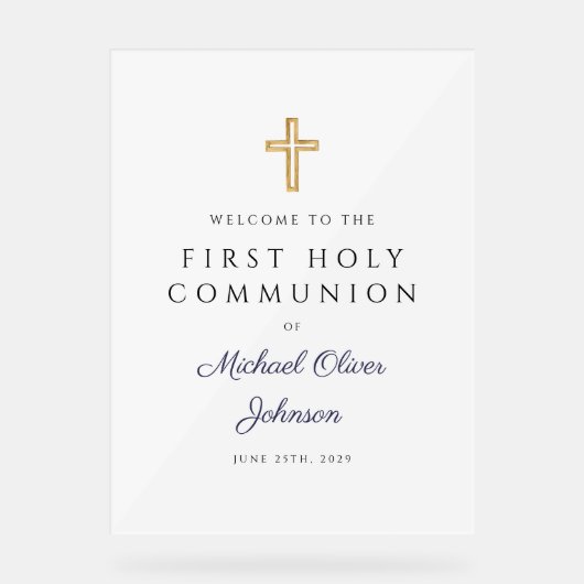 Religious Navy Blue Boy First Communion Welcome アクリルサイン (正面)