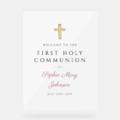 Religious Pink Script Girl First Communion Welcome アクリルサイン (正面)
