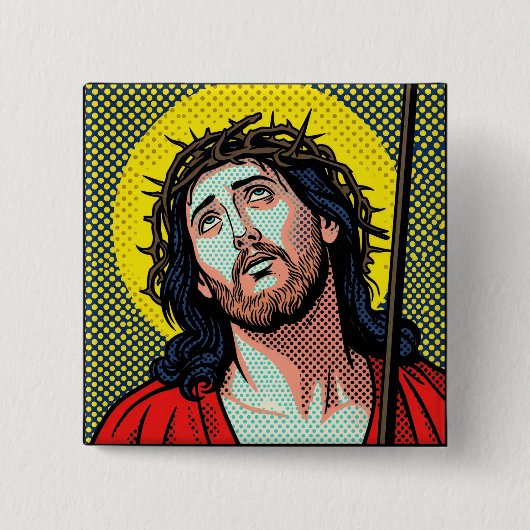 Religious Pop Art Crown of Thorns Halftone Comic P 缶バッジ (正面)