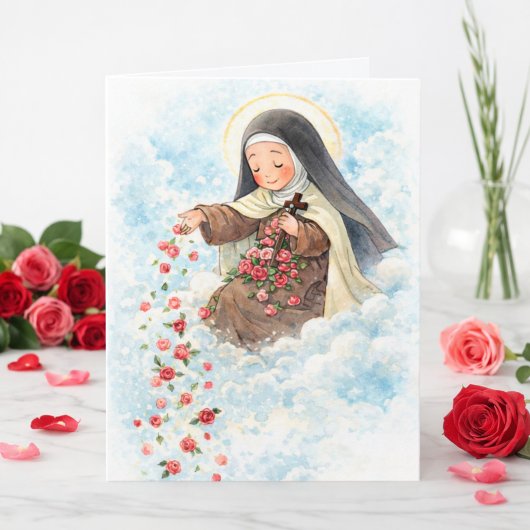 Religious St. Therese Pink Vintage Roses Quote  カード