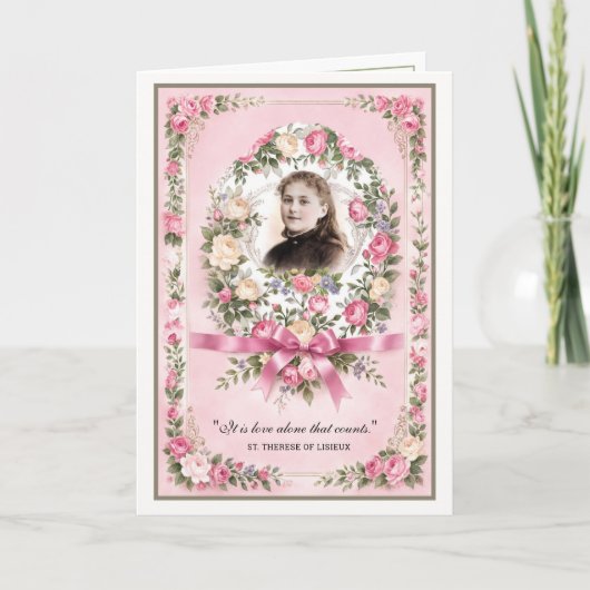 Religious St. Therese Vintage Pink Roses Prayer カード (正面)