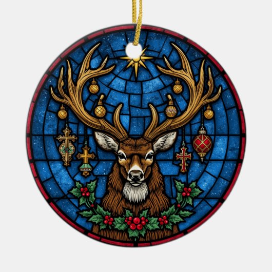 Religious Stained Glass Stag & Cross セラミックオーナメント (正面)
