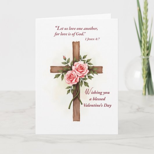 Religious Valentine’s Day Cross Roses Scripture カード (正面)