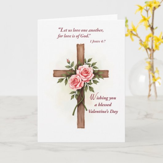 Religious Valentine’s Day Cross Roses Scripture カード (黄色い花)
