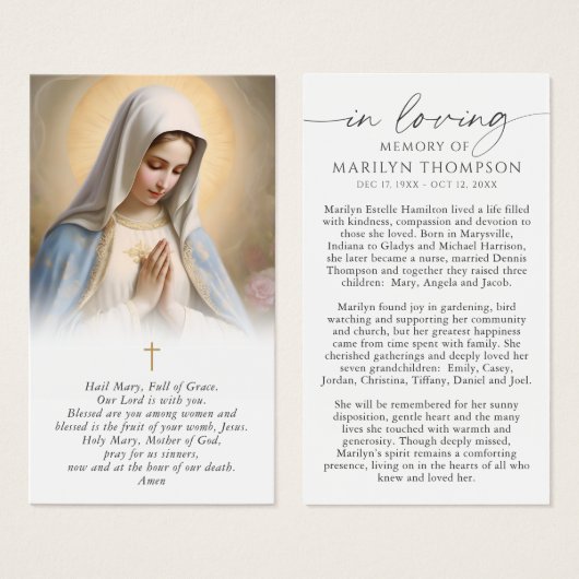 Religious Virgin Mary Memorial Funeral Prayer Card (正面&裏面)