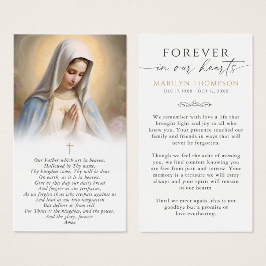 Religious Virgin Mary Photo Sympathy Prayer Card (正面&裏面)