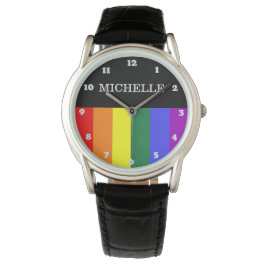 Relógio Couro Orgulho Gay Rainbow Personalizado 腕時計