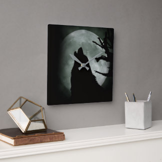 Reloj de Pared - Lobo Aullando a la luna Llena  スクエア壁時計