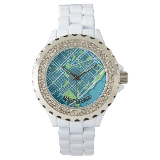 Reloj mapa minimalista de Barcelona - Azul-verde 腕時計 (正面)