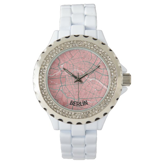 Reloj mapa minimalista de Berlín - Rosa-Verde 腕時計 (正面)