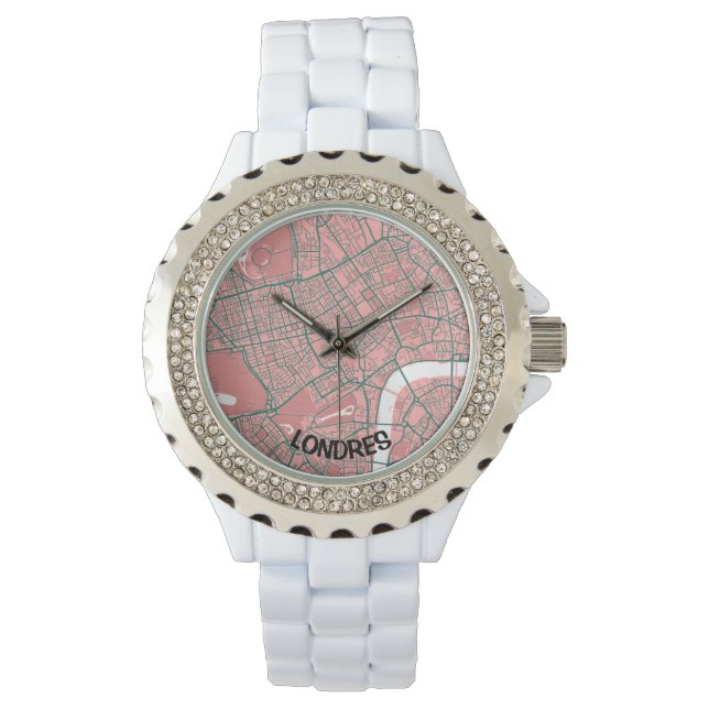 Reloj mapa minimalista de Londres  - Rosa-Verde 腕時計 (正面)