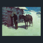 Remington The Belated Traveler ポスター<br><div class="desc">Poster featuring Frederic Remington’s oil painting The Belated Traveler (1906). A cowboy knocks on a cabin door in the midst of a winter snow. He holds the reigns to a brown horse by his side. A perfect gift for horse lovers and the Old West.</div>