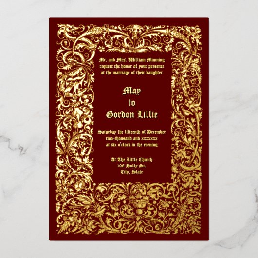 Renaissance Medieval Foliage Border Wedding 箔招待状 (正面)