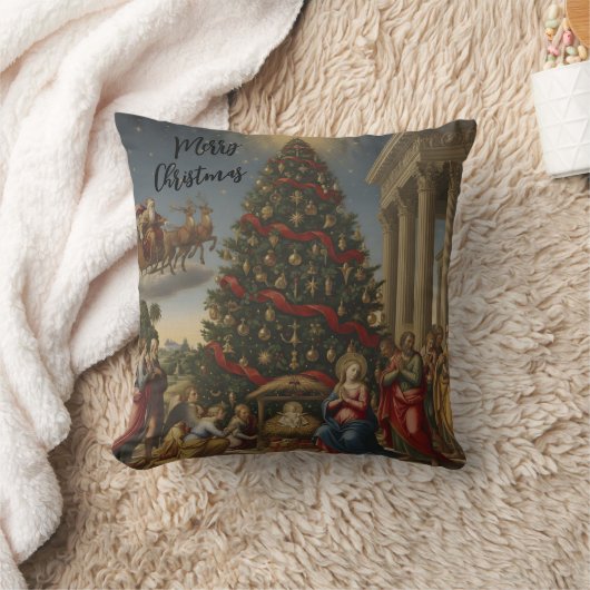Renaissance Nativity Santa Christmas Tree クッション (ブランケット)