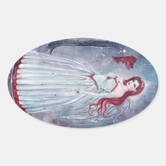 Reneeによる（鳥）ショウジョウコウカンチョウシール付きホリデーエンジェル 楕円形シール (正面)