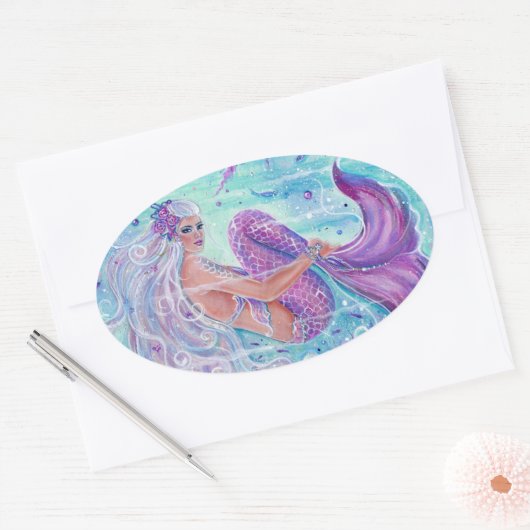 Renee Lavoieによるクラゲアートとマーメイド 楕円形シール (封筒)
