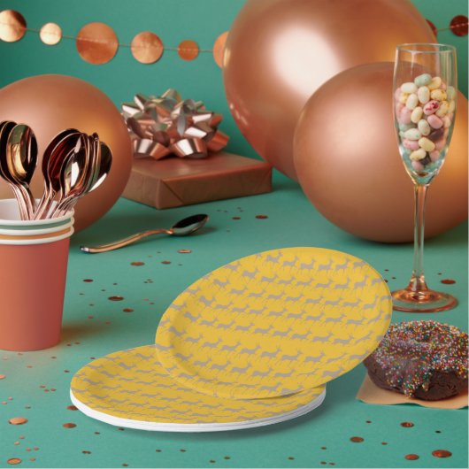 Rennes de Noël Fond Jaune Moutarde – Set de Table ペーパープレート (複数)
