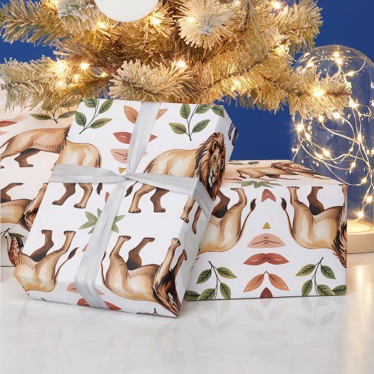 Repeating pattern of lions, giraffes, and elephant ラッピングペーパー