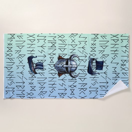Repeating Viking Ships and Helmet Design over Rune ビーチタオル (正面)