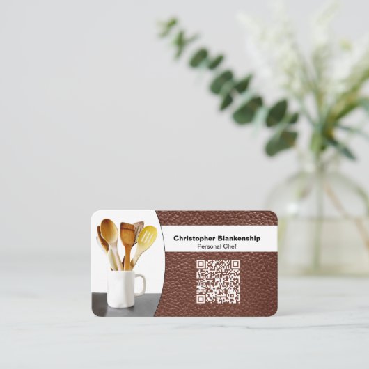 Replaceable Chef Spoons Photo on Leather QR Code 名刺 (スタンド正面)