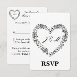 Réponse de mariage noir et blanc cœur floral サンキューカード