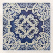 Reproポルトガル語ブルージオメトリックアズレホスフローラ ガラスコースター (正面)