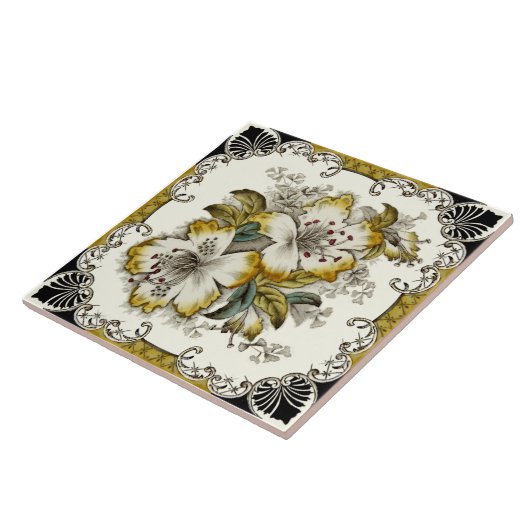 Repro素晴らしビクトリアン白黒金ゴールドフローラ タイル (側面)