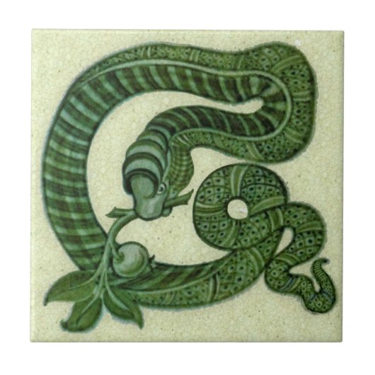 Repro 1880s De Morgan Green Snake with Apple タイル (正面)