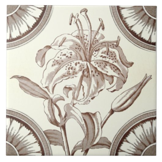 Repro 1885 Sepia Lily Transferware タイル (正面)