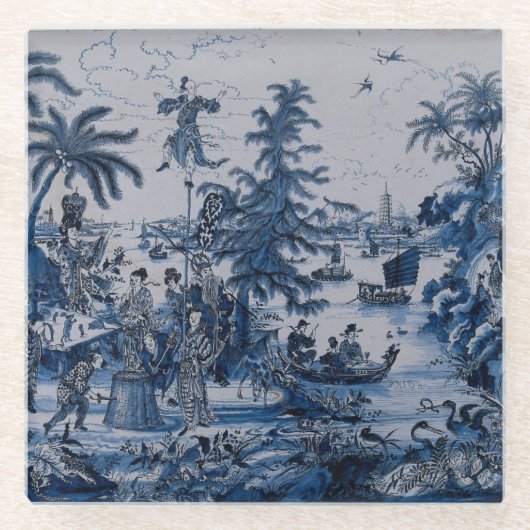 Repro Chinoiserie Delft Blue and White ガラスコースター (正面)