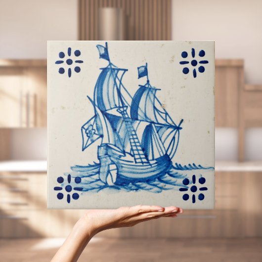 Repro Deftware Sail Ship Blue Delft Tile タイル