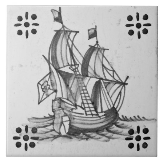 Repro Deftware Sail Ship Blue Delft Tile タイル (正面)