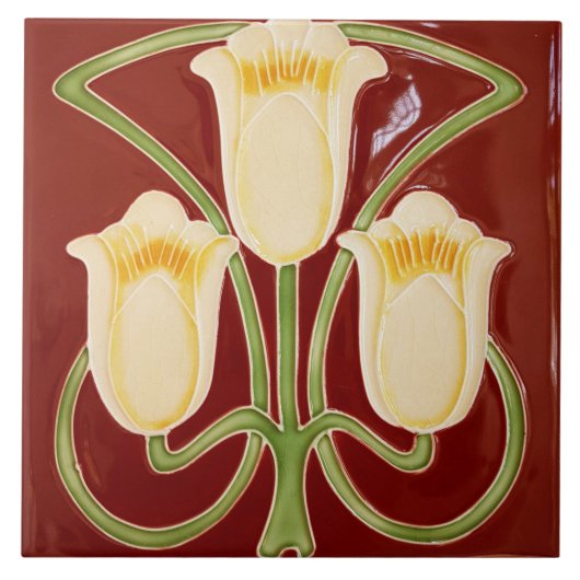Repro Edwardian Art Nouveau Red Tulip Floral Tile タイル (正面)