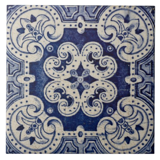 Repro Portuguese Blue Geometric Azulejos Floral  タイル (正面)