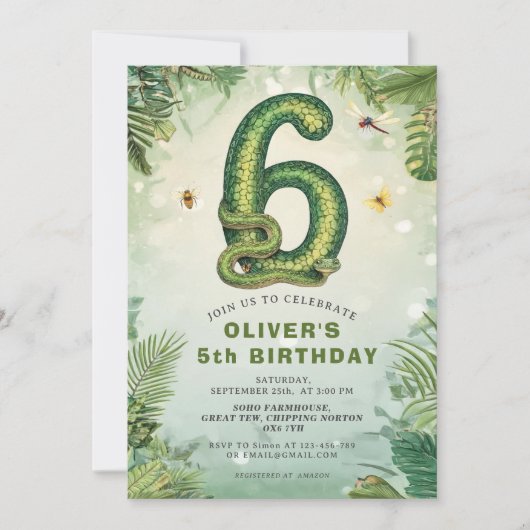 Reptile 6th Birthday Snake Boy Invitation 招待状 (正面)