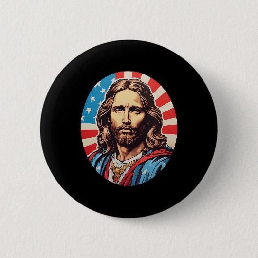 Republican Jesus – Bold Pop Art With American Flag 缶バッジ (正面)
