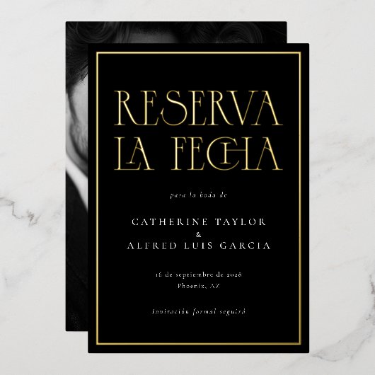 Reserva La Fecha ブラック ホワイト スペイン 結婚式 写真 箔招待状 (正面/裏面)