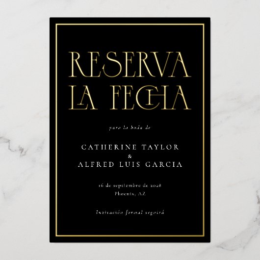 Reserva La Fecha Black White Spanish Wedding Photo 箔招待状 (正面)