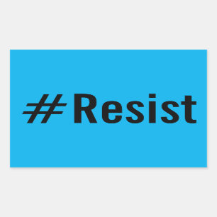 #Resist、明るいはっきりした青色のシールの黒い文字 長方形シール