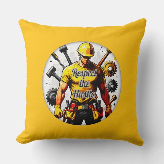 Respect the Hustle Construction Worker Design – La クッション (正面)