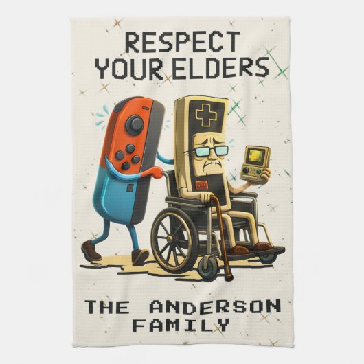 Respect Your Elders Gaming Control Retro Funny キッチンタオル (縦)