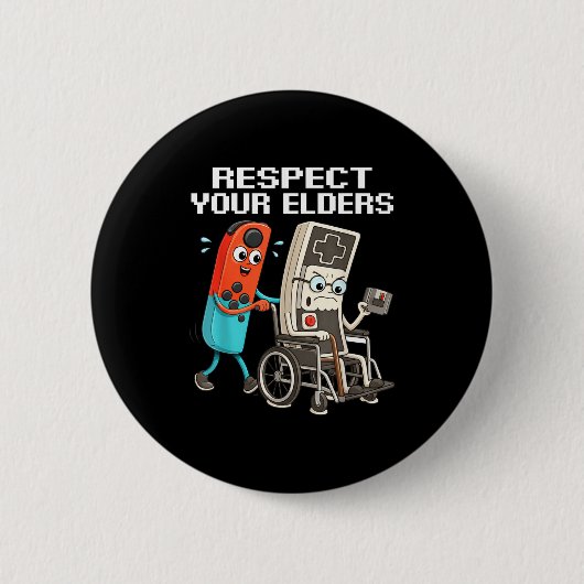 Respect Your Elders Retro Gaming Funny Controller  缶バッジ (正面)
