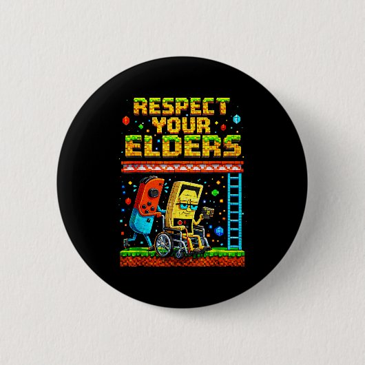 Respect Your Elders Retro Gaming Funny Gamer Contr 缶バッジ (正面)